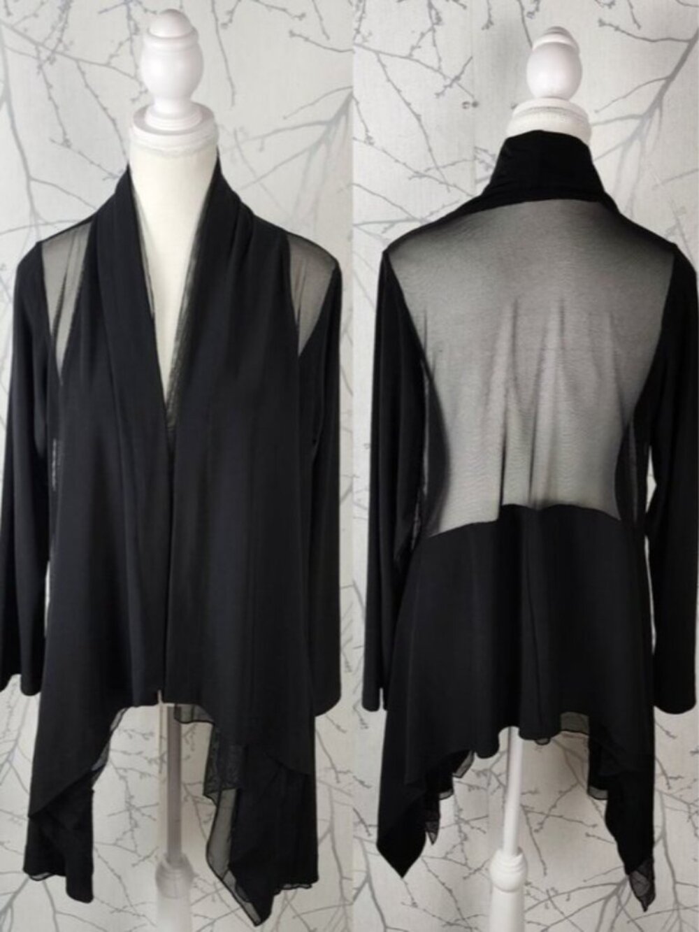 Sympli Black Stretch Knit Mesh Panel Waterfall Cardigan